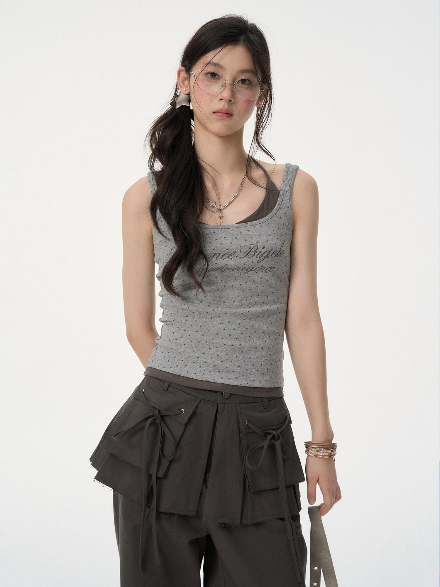 VEEMIX Star Print Halter Faux Two Piece Women's Cotton Blend Tank Tops