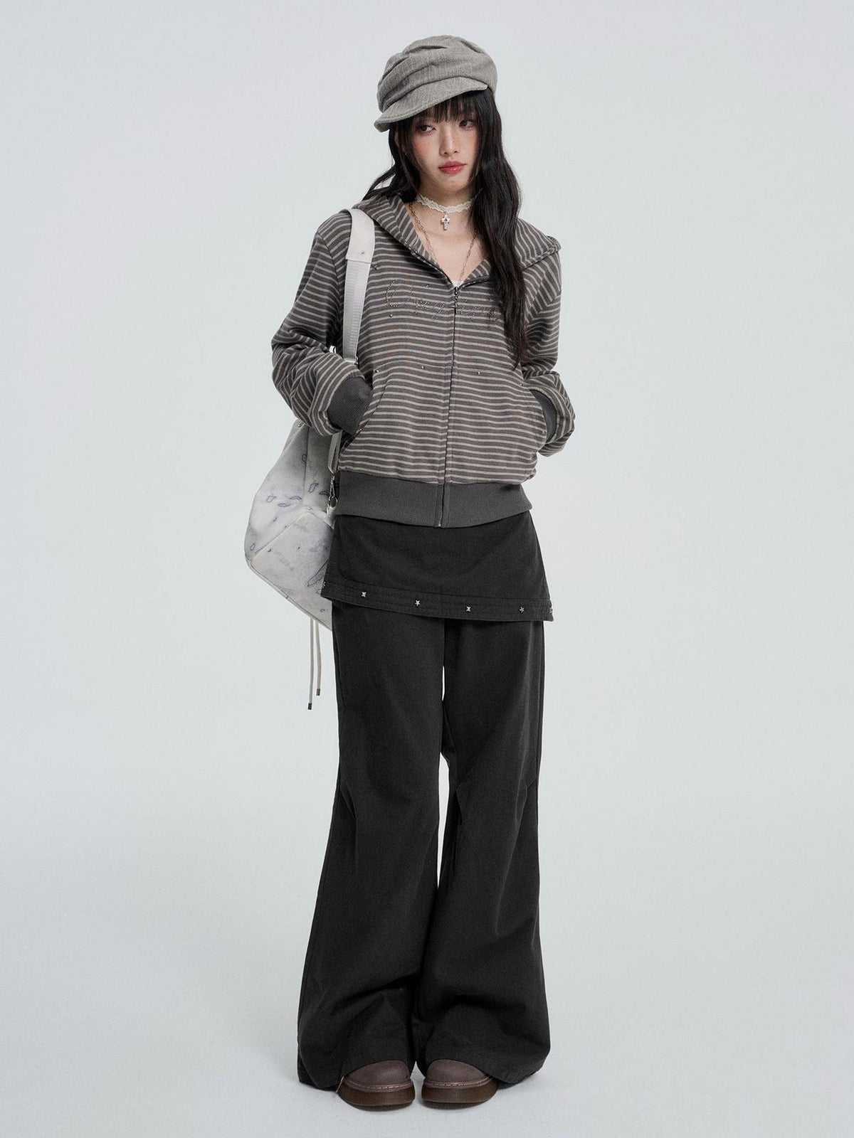 VEEMIX Street Style Studded Straight Leg Cotton Women's Wide-leg Jeans