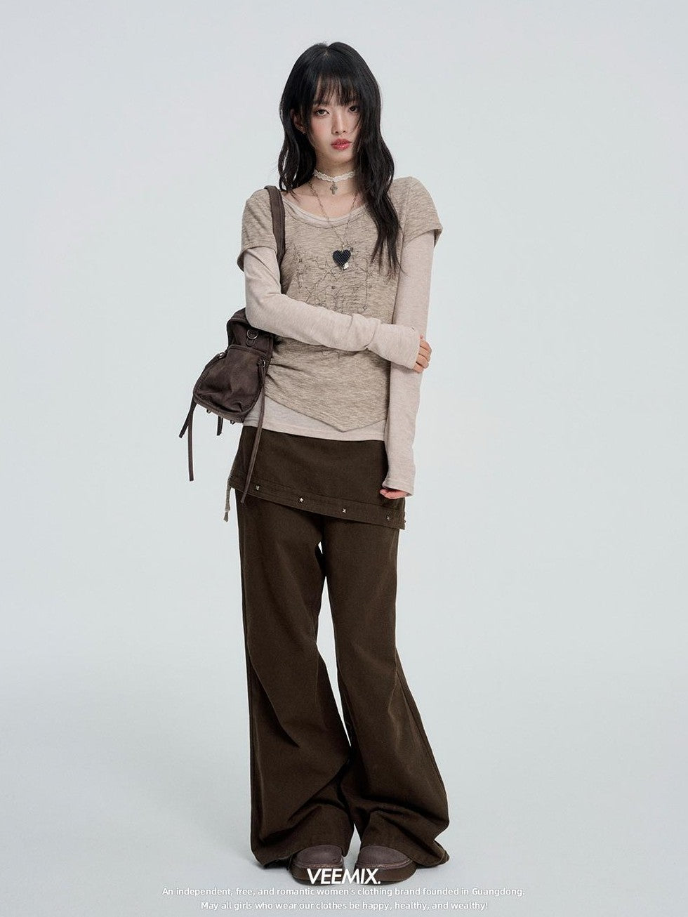 VEEMIX Street Style Studded Straight Leg Cotton Women's Wide-leg Jeans