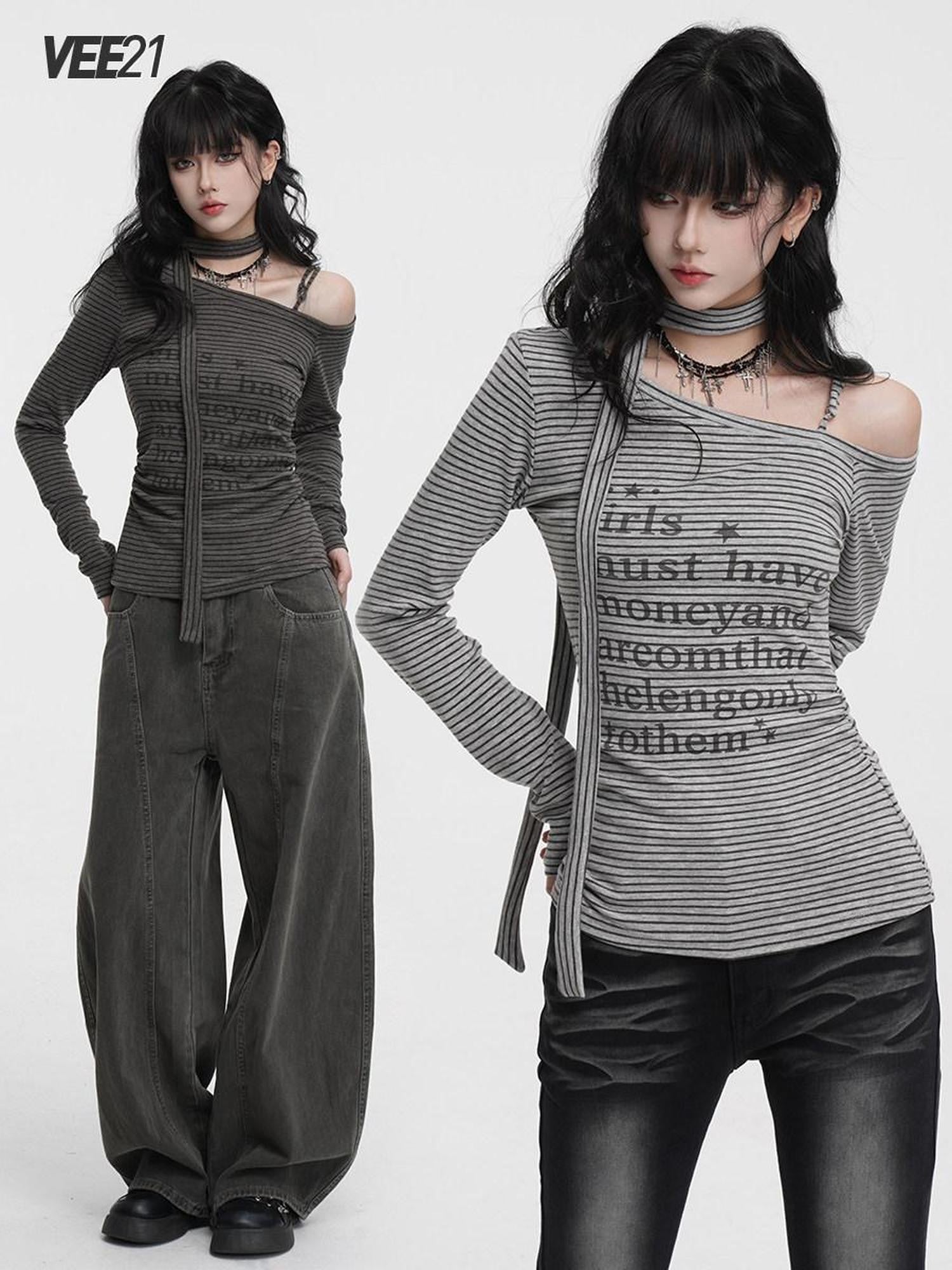 VEEMIX Striped Asymmetric Off Shoulder Printed Women's Long Sleeve T-shirts