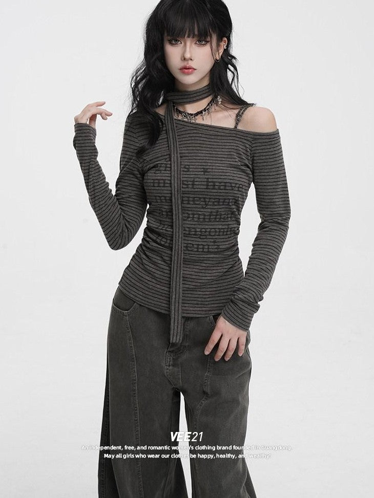 VEEMIX Striped Asymmetric Off Shoulder Printed Women's Long Sleeve T-shirts