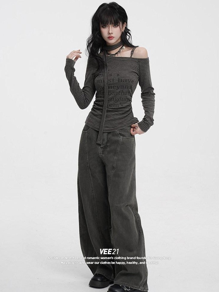 VEEMIX Striped Asymmetric Off Shoulder Printed Women's Long Sleeve T-shirts
