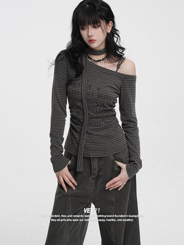 VEEMIX Striped Asymmetric Off Shoulder Printed Women's Long Sleeve T-shirts