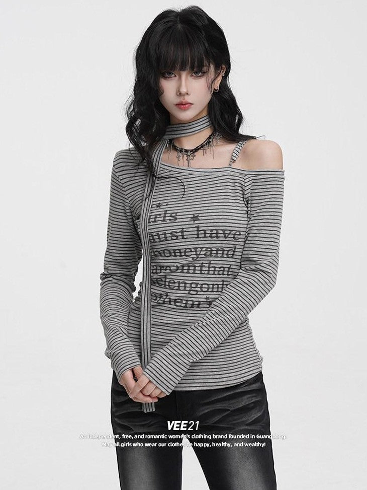 VEEMIX Striped Asymmetric Off Shoulder Printed Women's Long Sleeve T-shirts