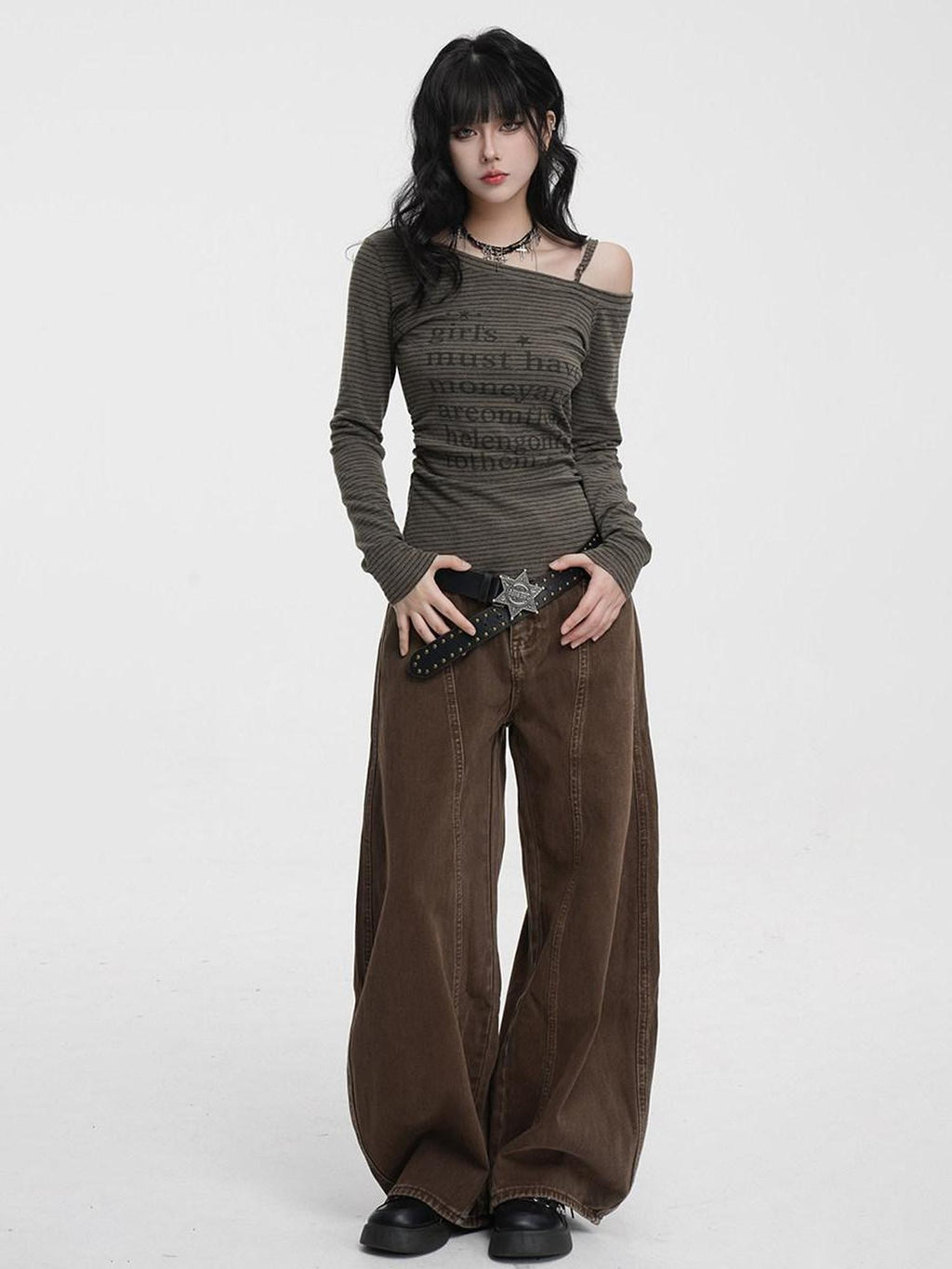 VEEMIX Striped Asymmetric Off Shoulder Printed Women's Long Sleeve T-shirts