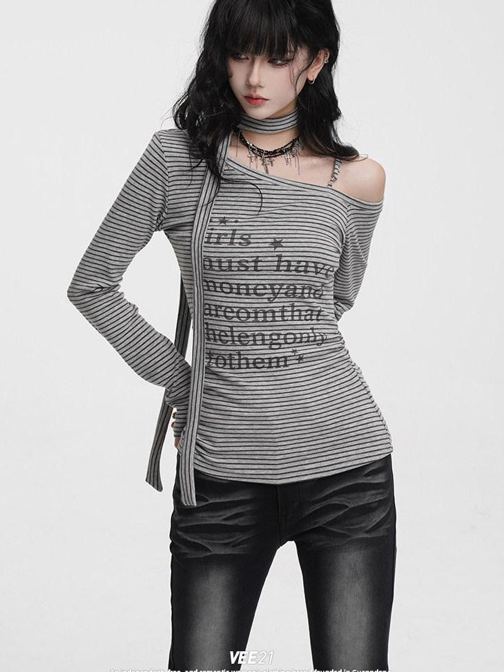 VEEMIX Striped Asymmetric Off Shoulder Printed Women's Long Sleeve T-shirts