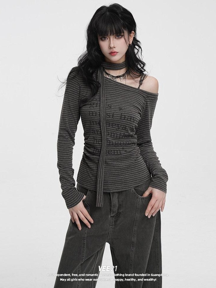 VEEMIX Striped Asymmetric Off Shoulder Printed Women's Long Sleeve T-shirts