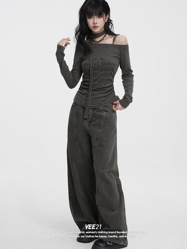 VEEMIX Striped Asymmetric Off Shoulder Printed Women's Long Sleeve T-shirts