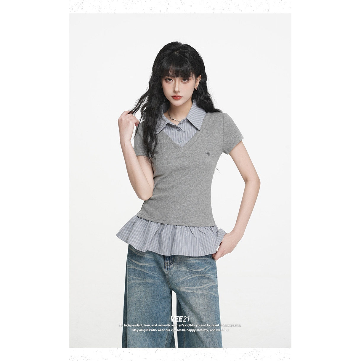 VEEMIX_Striped_Collared_Fake_Two_Piece_Women's_Cotton_Blend_Short_Sleeve_T-shirts_1021149489560_MISSTT