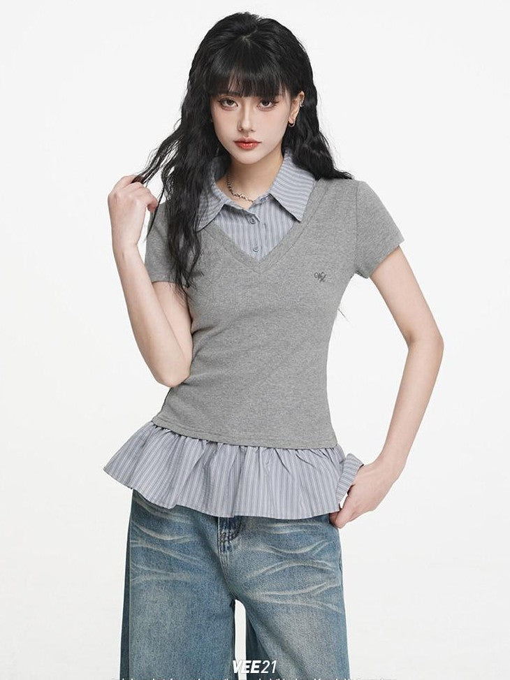 VEEMIX Striped Collared Fake Two Piece Women's Cotton Blend Short Sleeve T-shirts