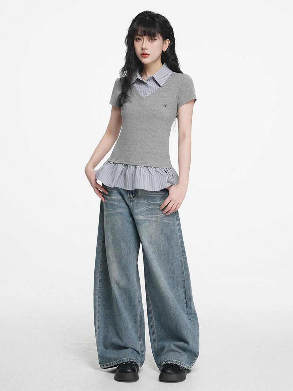 VEEMIX Striped Collared Fake Two Piece Women's Cotton Blend Short Sleeve T-shirts