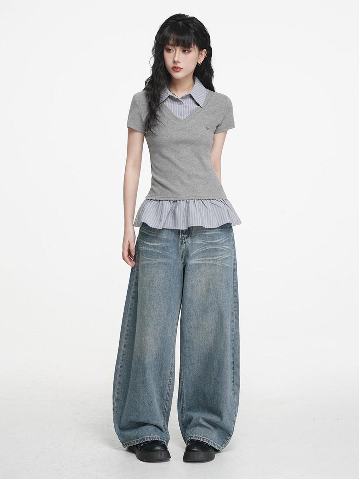 VEEMIX Striped Collared Fake Two Piece Women's Cotton Blend Short Sleeve T-shirts