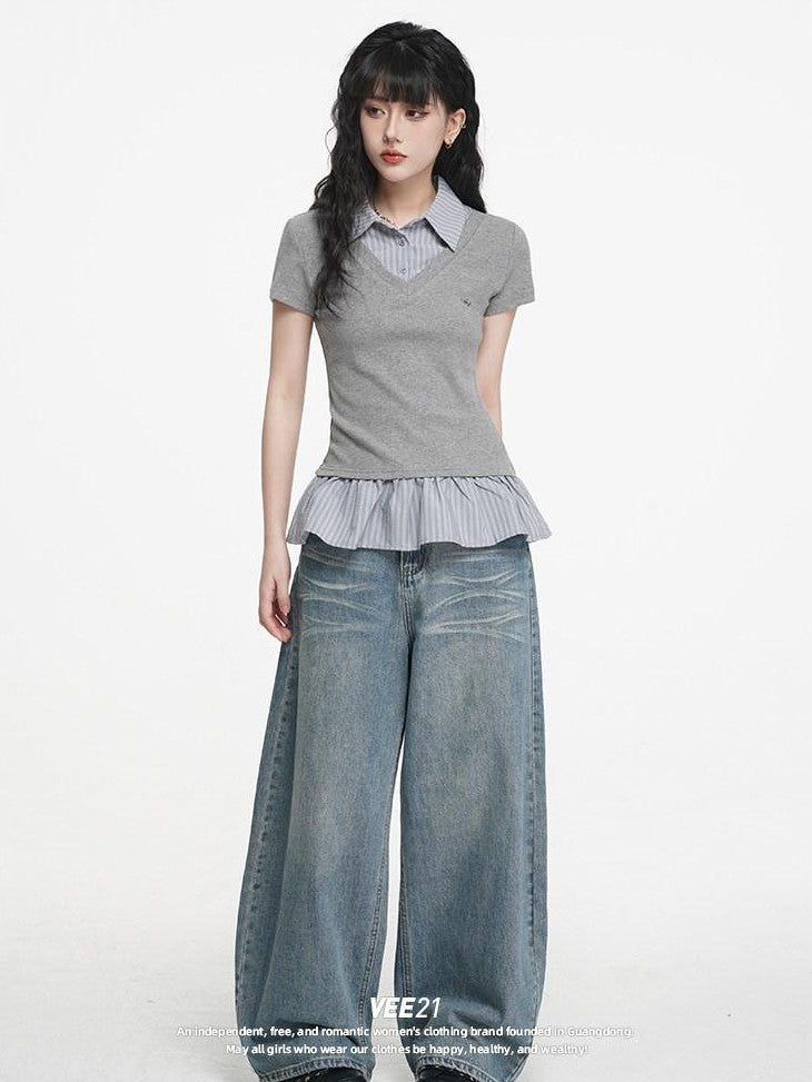 VEEMIX Striped Collared Fake Two Piece Women's Cotton Blend Short Sleeve T-shirts