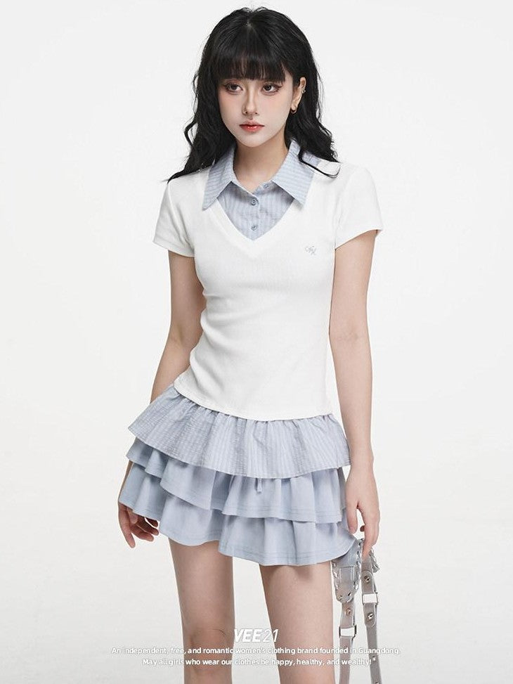 VEEMIX Striped Collared Fake Two Piece Women's Cotton Blend Short Sleeve T-shirts