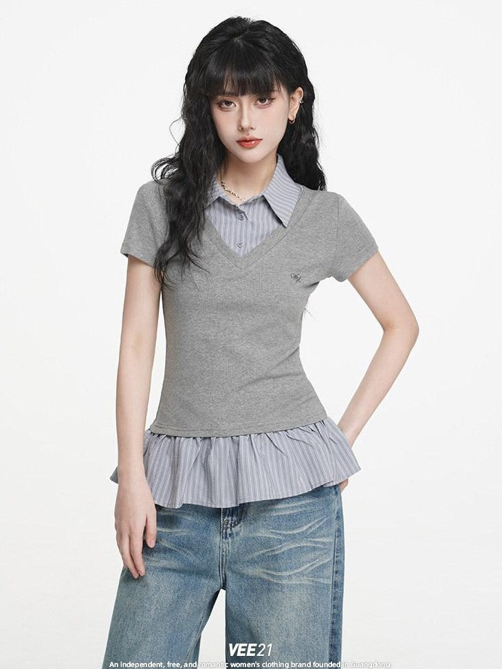 VEEMIX Striped Collared Fake Two Piece Women's Cotton Blend Short Sleeve T-shirts