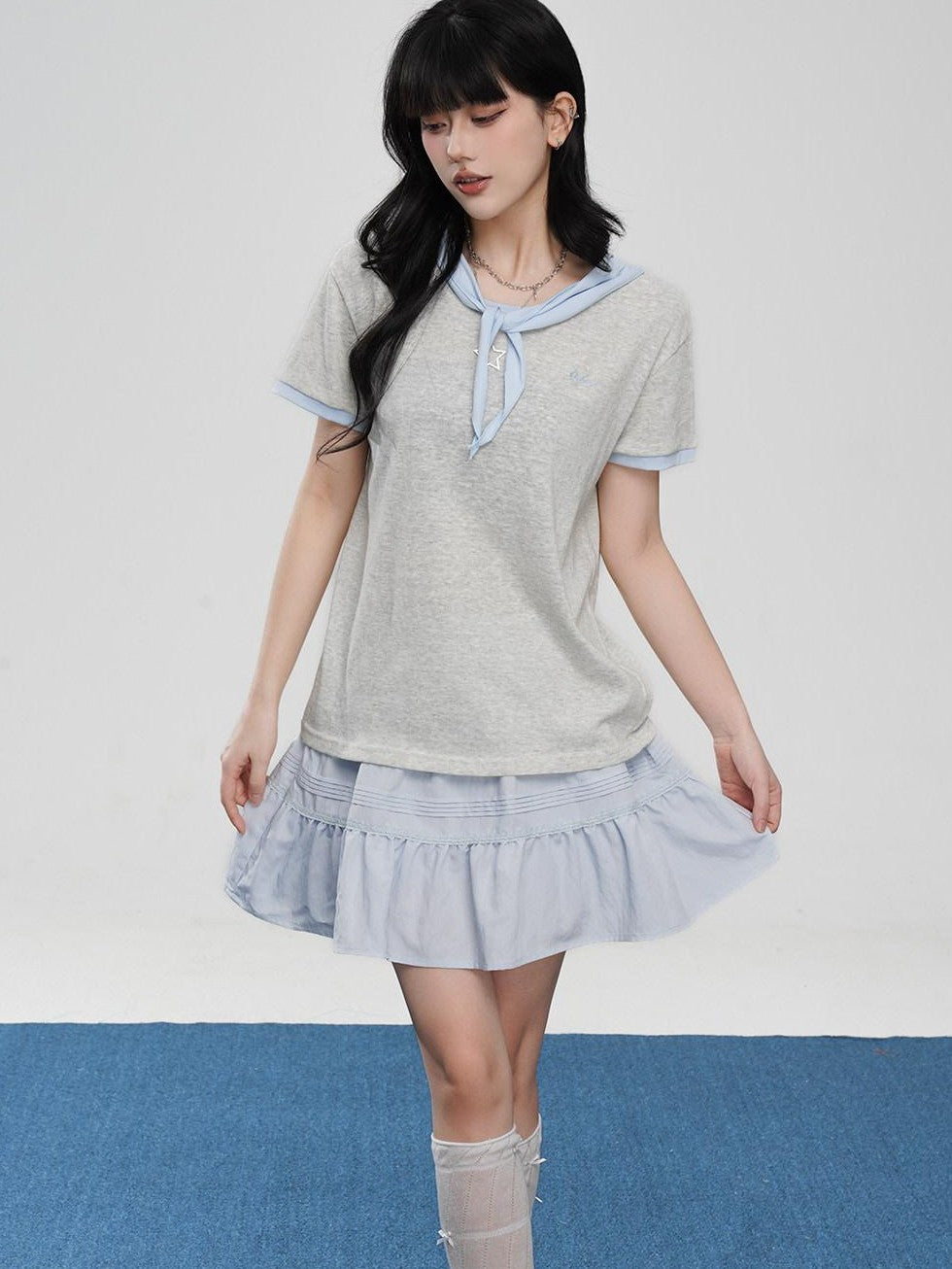 VEEMIX Striped Embroidered Faux Two Piece Women's Cotton Short Sleeve T-shirts