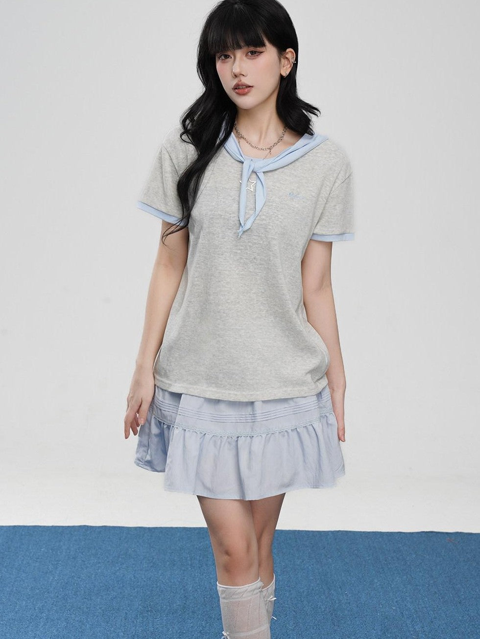 VEEMIX Striped Embroidered Faux Two Piece Women's Cotton Short Sleeve T-shirts