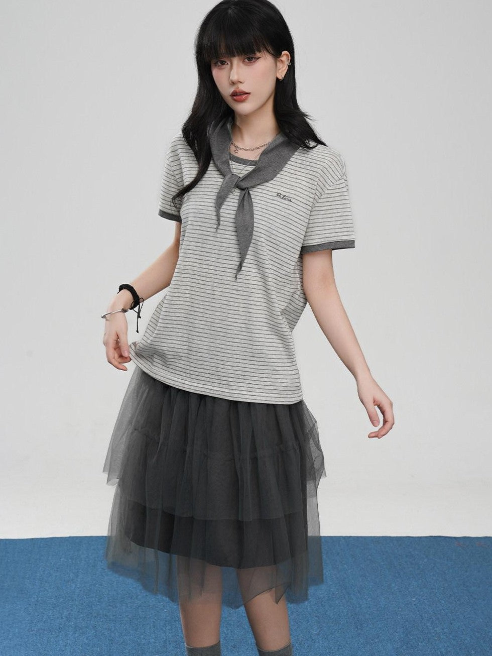 VEEMIX Striped Embroidered Faux Two Piece Women's Cotton Short Sleeve T-shirts