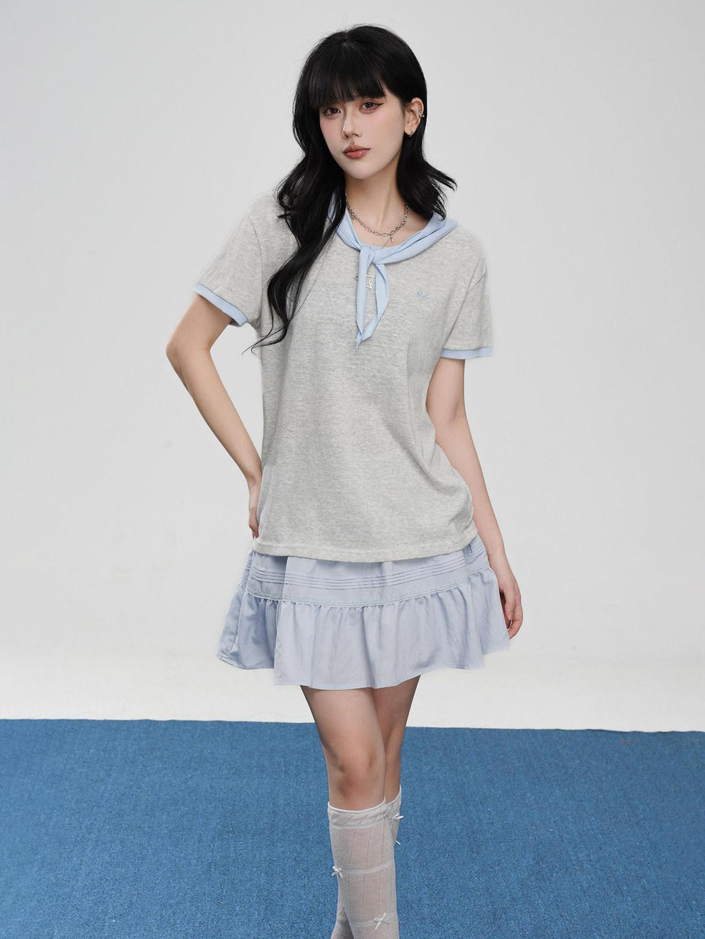 VEEMIX Striped Embroidered Faux Two Piece Women's Cotton Short Sleeve T-shirts