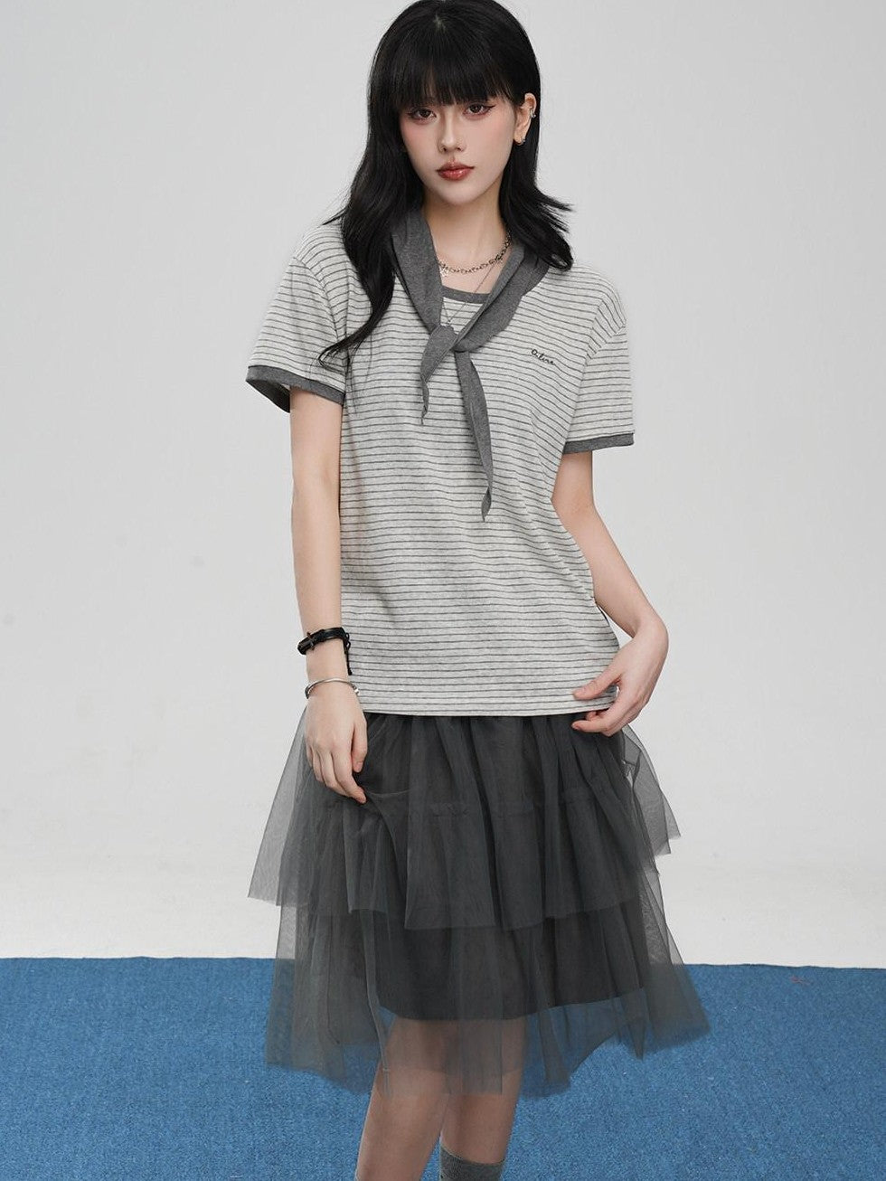 VEEMIX Striped Embroidered Faux Two Piece Women's Cotton Short Sleeve T-shirts