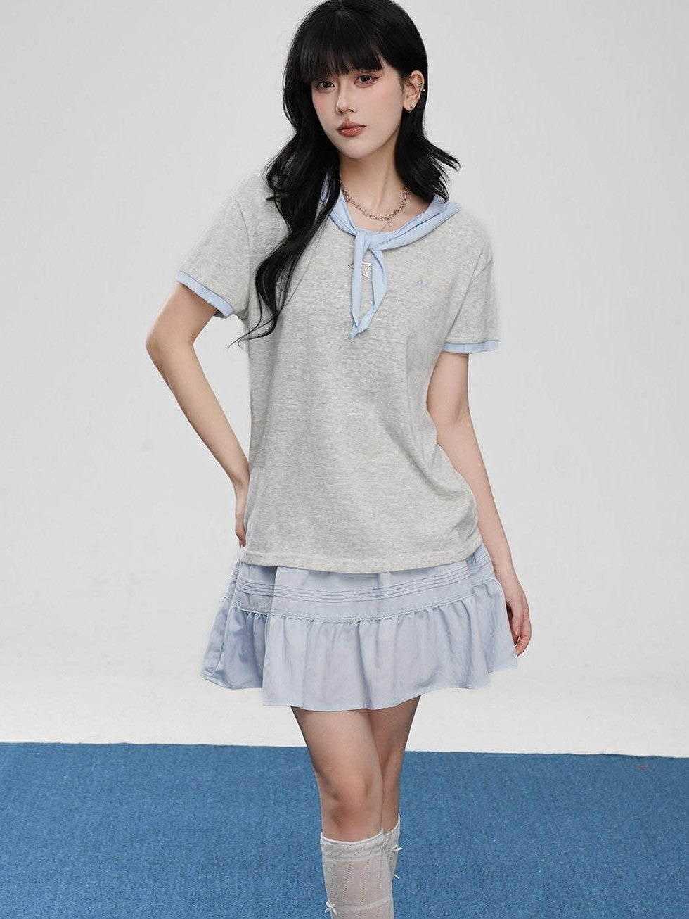 VEEMIX Striped Embroidered Faux Two Piece Women's Cotton Short Sleeve T-shirts