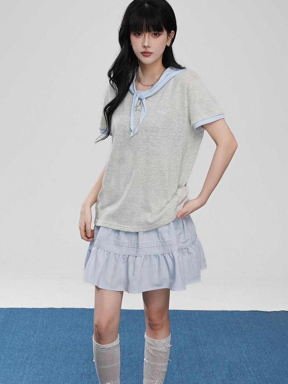 VEEMIX Striped Embroidered Faux Two Piece Women's Cotton Short Sleeve T-shirts