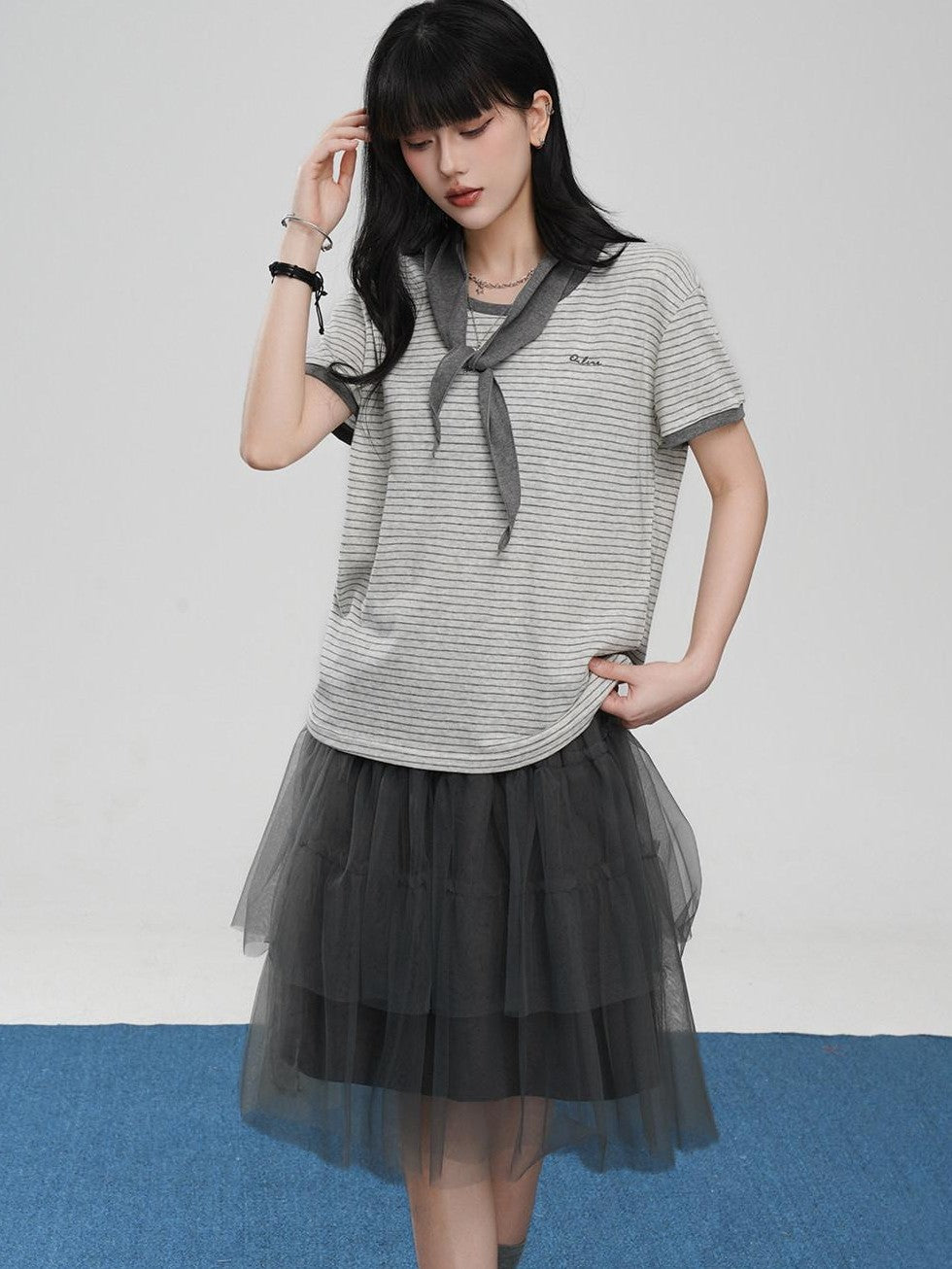 VEEMIX Striped Embroidered Faux Two Piece Women's Cotton Short Sleeve T-shirts