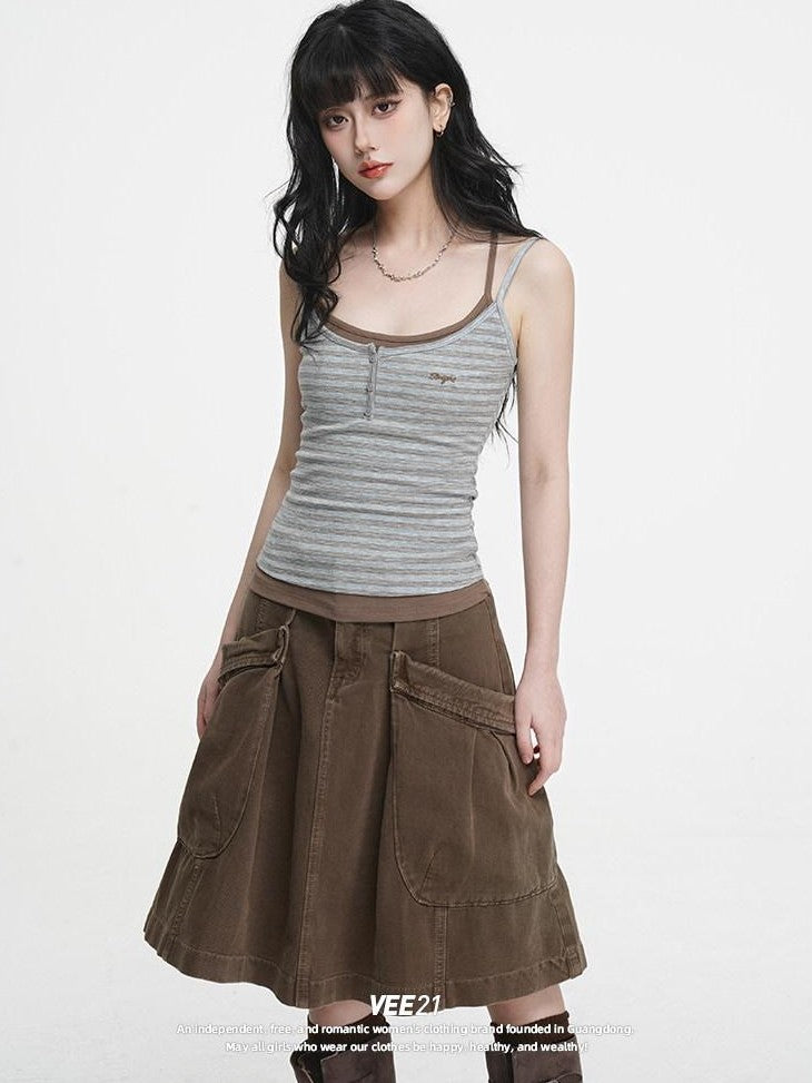 VEEMIX Striped Faux Layered Embroidered Women's Cotton Spandex Tank Tops