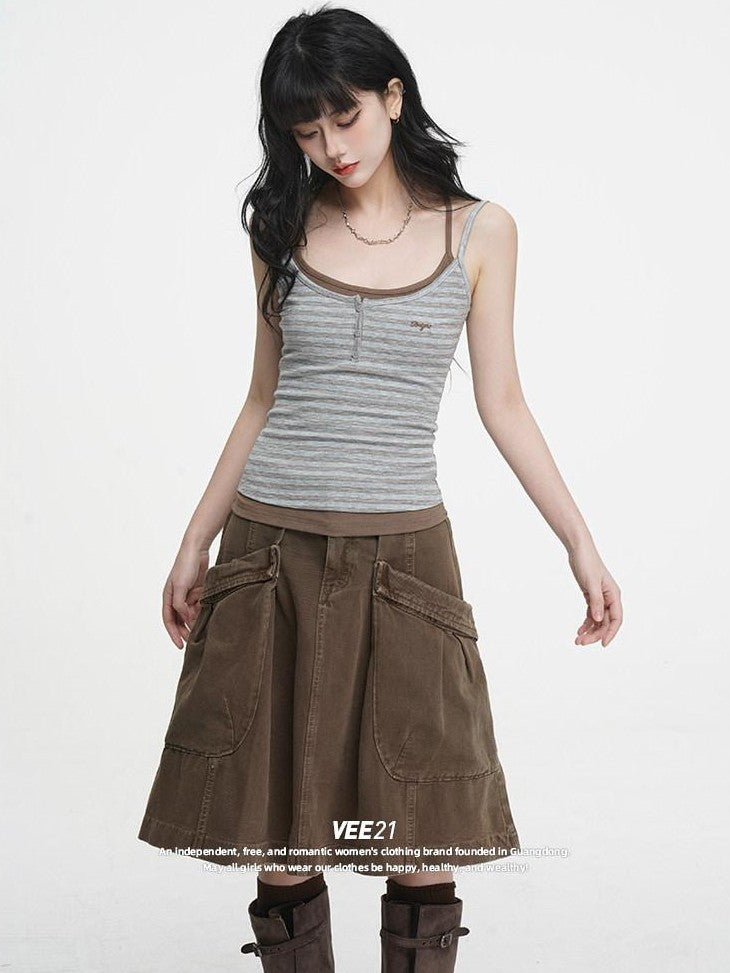 VEEMIX Striped Faux Layered Embroidered Women's Cotton Spandex Tank Tops