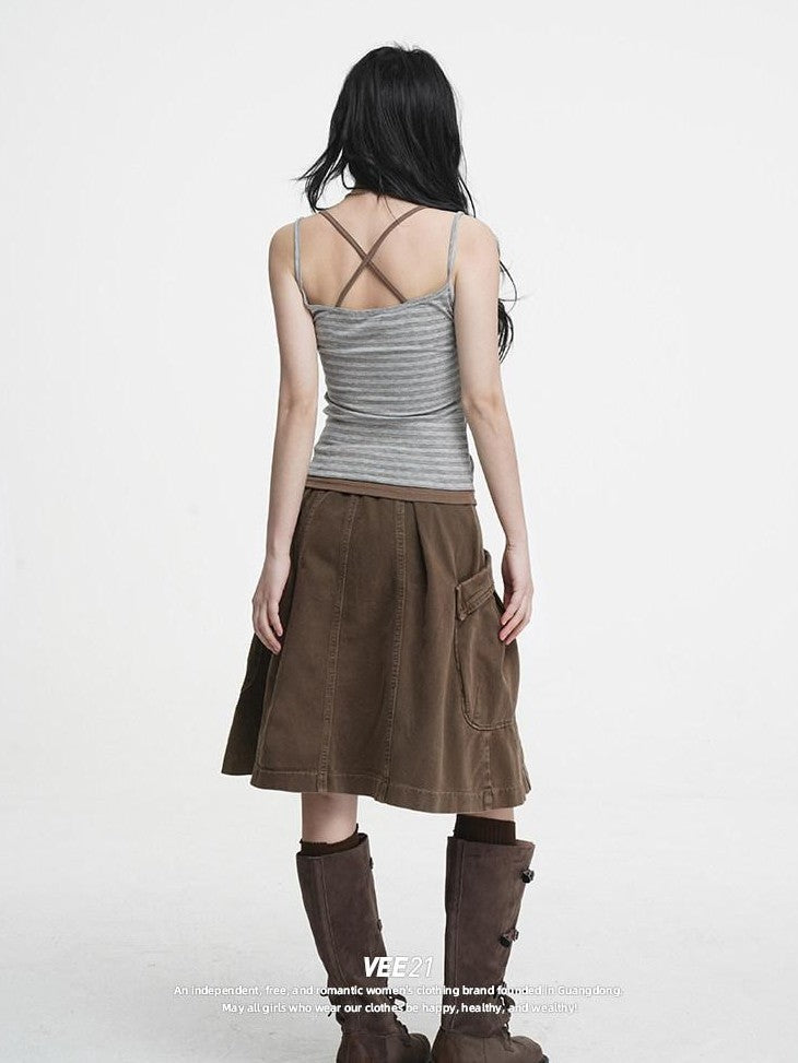 VEEMIX Striped Faux Layered Embroidered Women's Cotton Spandex Tank Tops