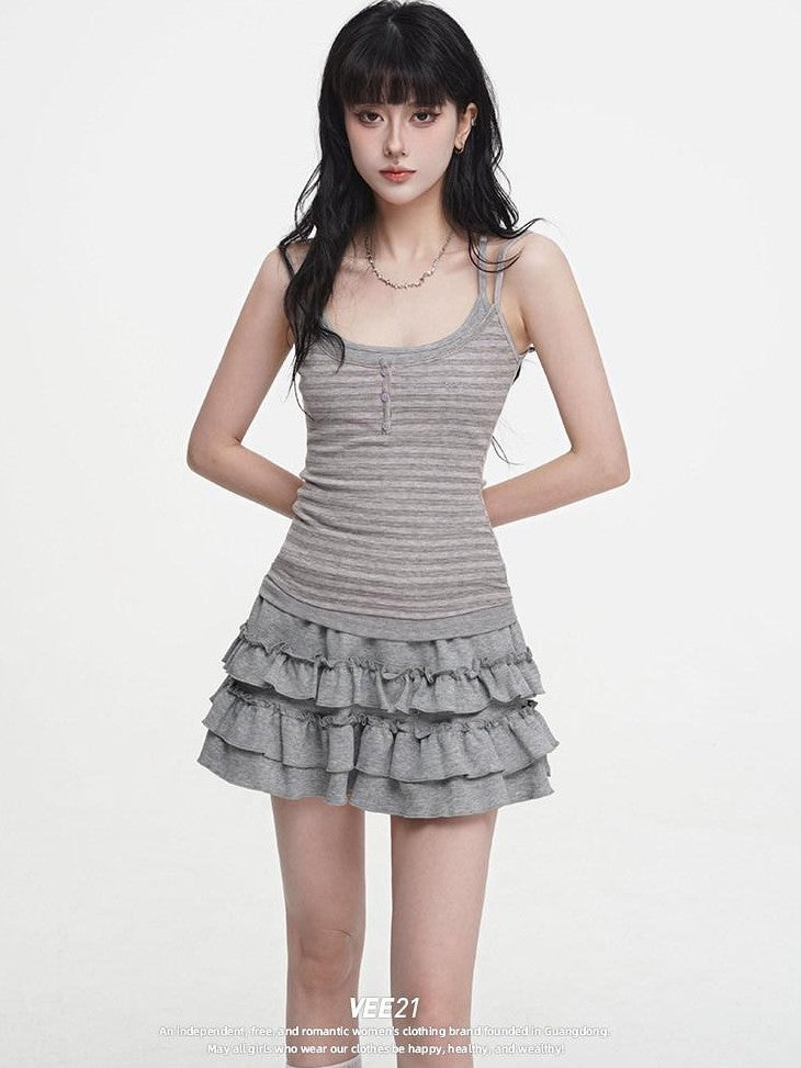 VEEMIX Striped Faux Layered Embroidered Women's Cotton Spandex Tank Tops