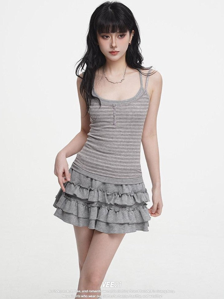 VEEMIX Striped Faux Layered Embroidered Women's Cotton Spandex Tank Tops