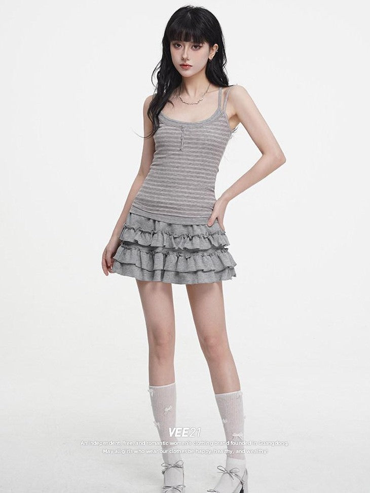 VEEMIX Striped Faux Layered Embroidered Women's Cotton Spandex Tank Tops