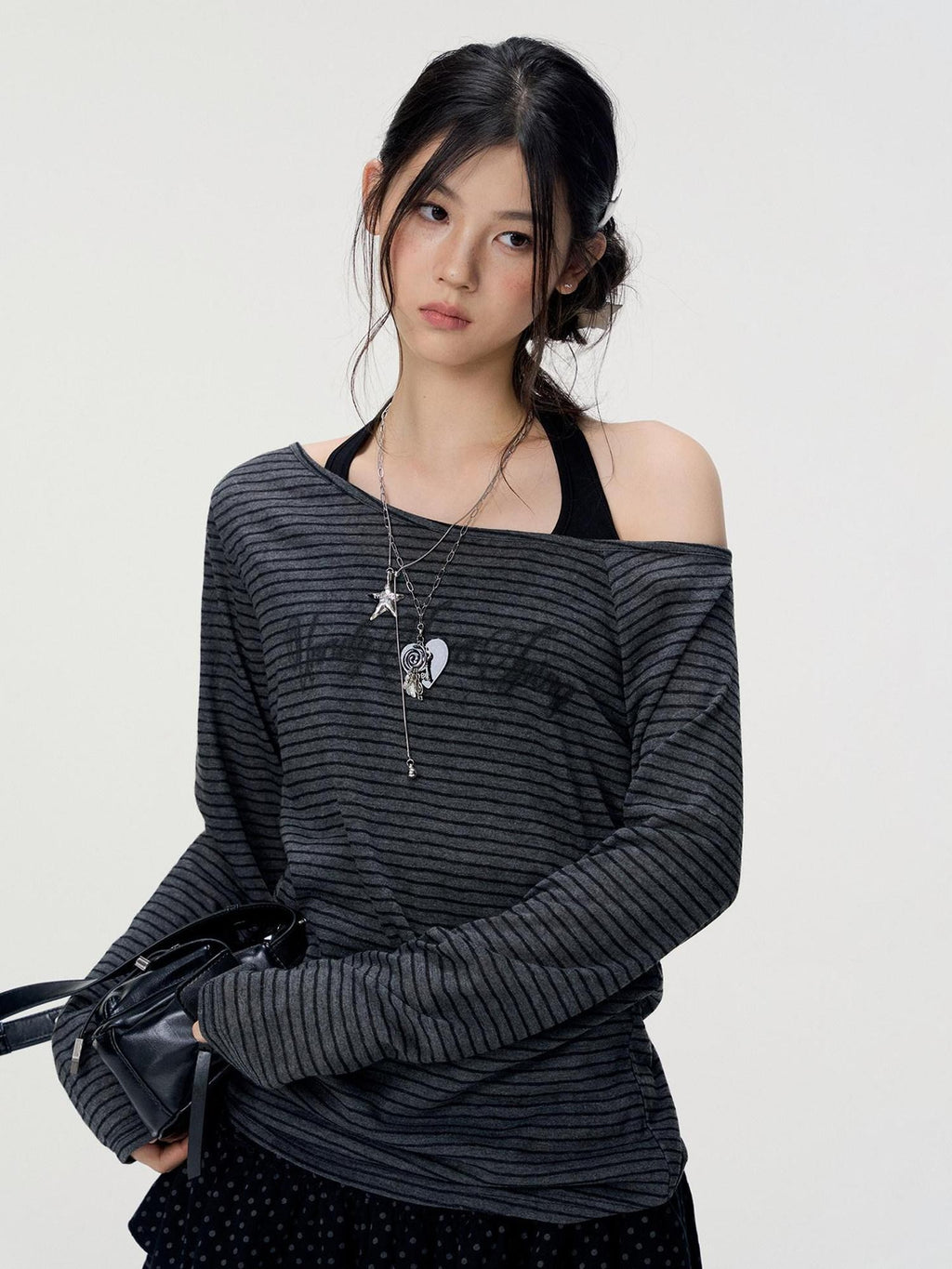 VEEMIX Striped Halter Off Shoulder Two Piece Women's Poly Cotton Long Sleeve T-shirts
