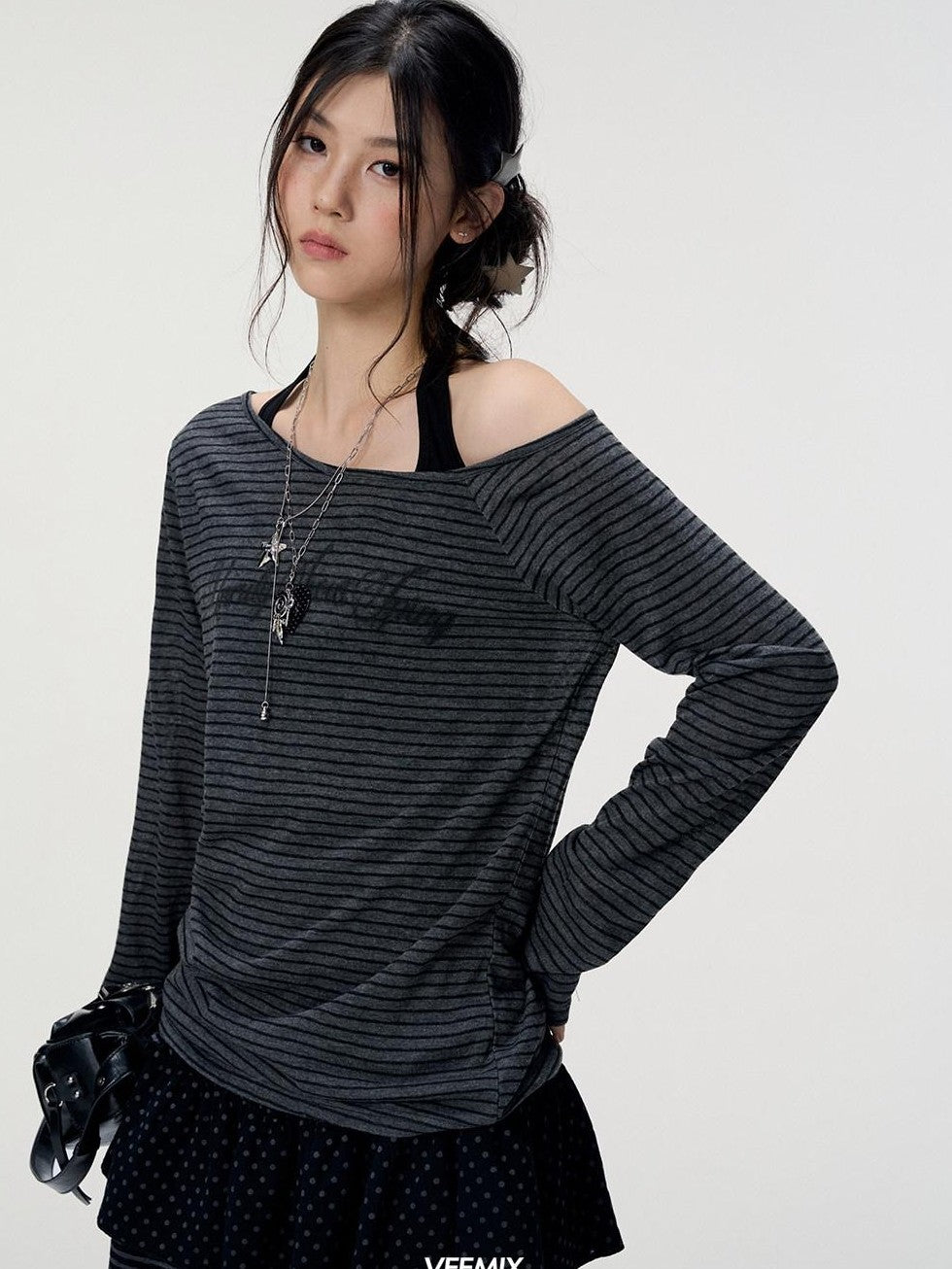 VEEMIX Striped Halter Off Shoulder Two Piece Women's Poly Cotton Long Sleeve T-shirts