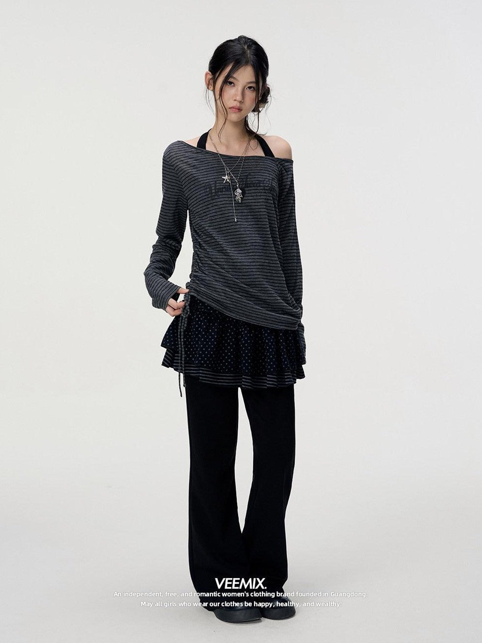 VEEMIX Striped Halter Off Shoulder Two Piece Women's Poly Cotton Long Sleeve T-shirts