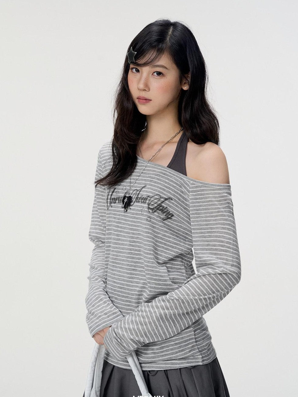 VEEMIX Striped Halter Off Shoulder Two Piece Women's Poly Cotton Long Sleeve T-shirts