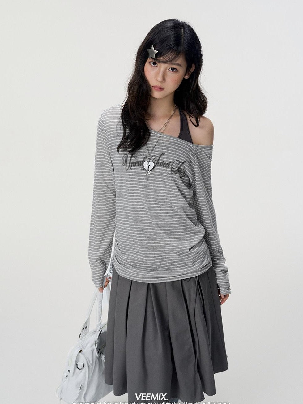 VEEMIX Striped Halter Off Shoulder Two Piece Women's Poly Cotton Long Sleeve T-shirts