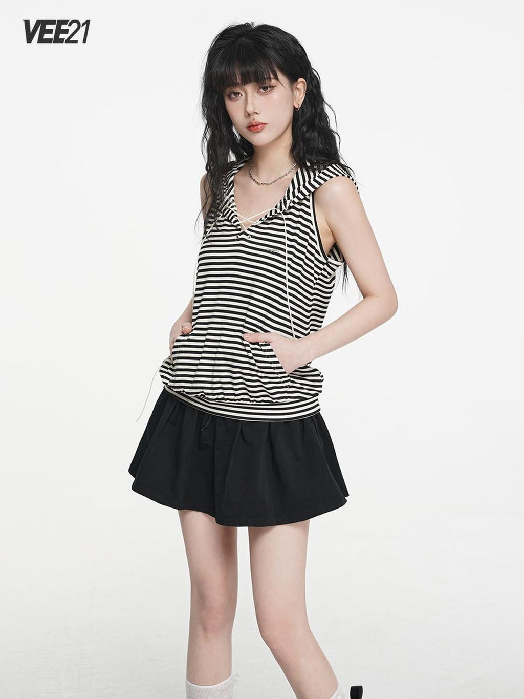 VEEMIX Striped Hooded Drawstring Loose Women's Rayon Tank Tops