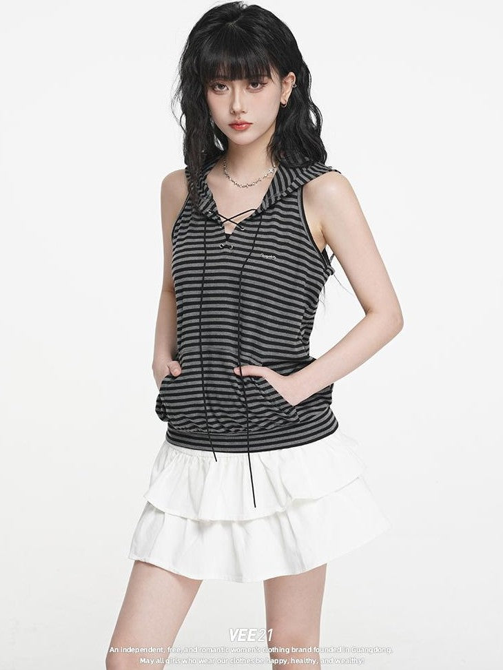 VEEMIX Striped Hooded Drawstring Loose Women's Rayon Tank Tops