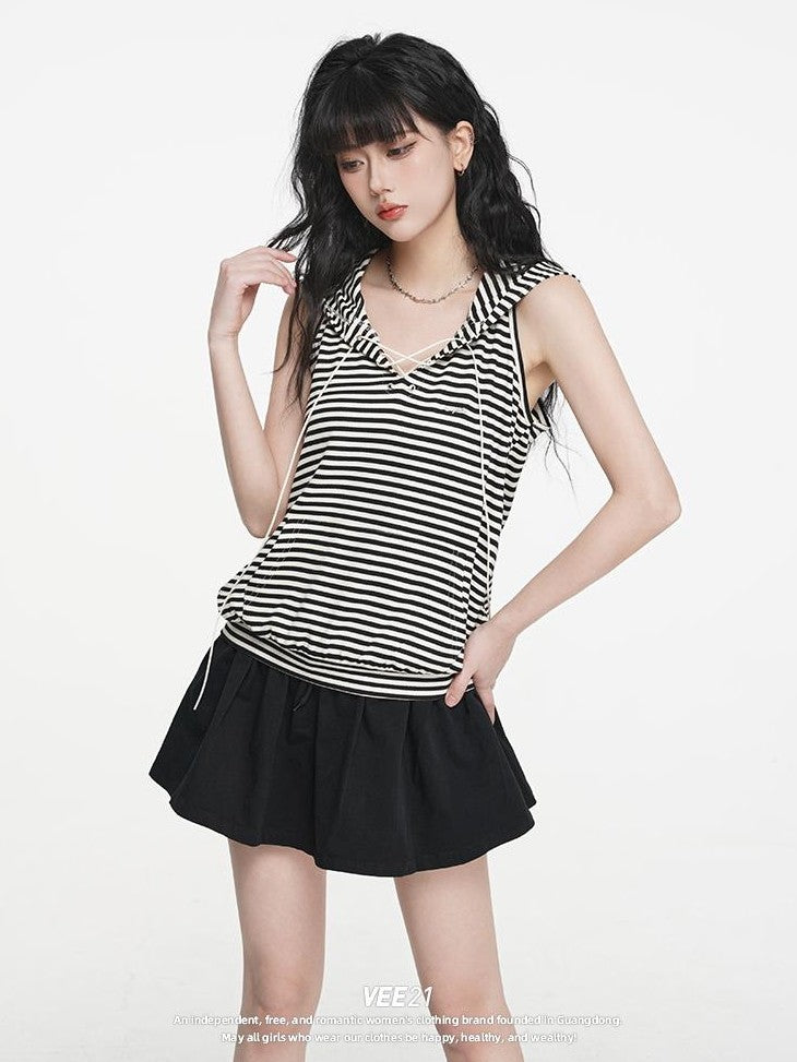 VEEMIX Striped Hooded Drawstring Loose Women's Rayon Tank Tops