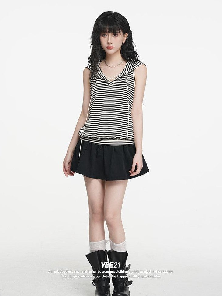 VEEMIX Striped Hooded Drawstring Loose Women's Rayon Tank Tops