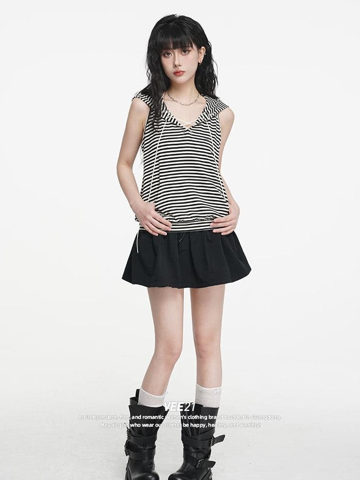 VEEMIX Striped Hooded Drawstring Loose Women's Rayon Tank Tops