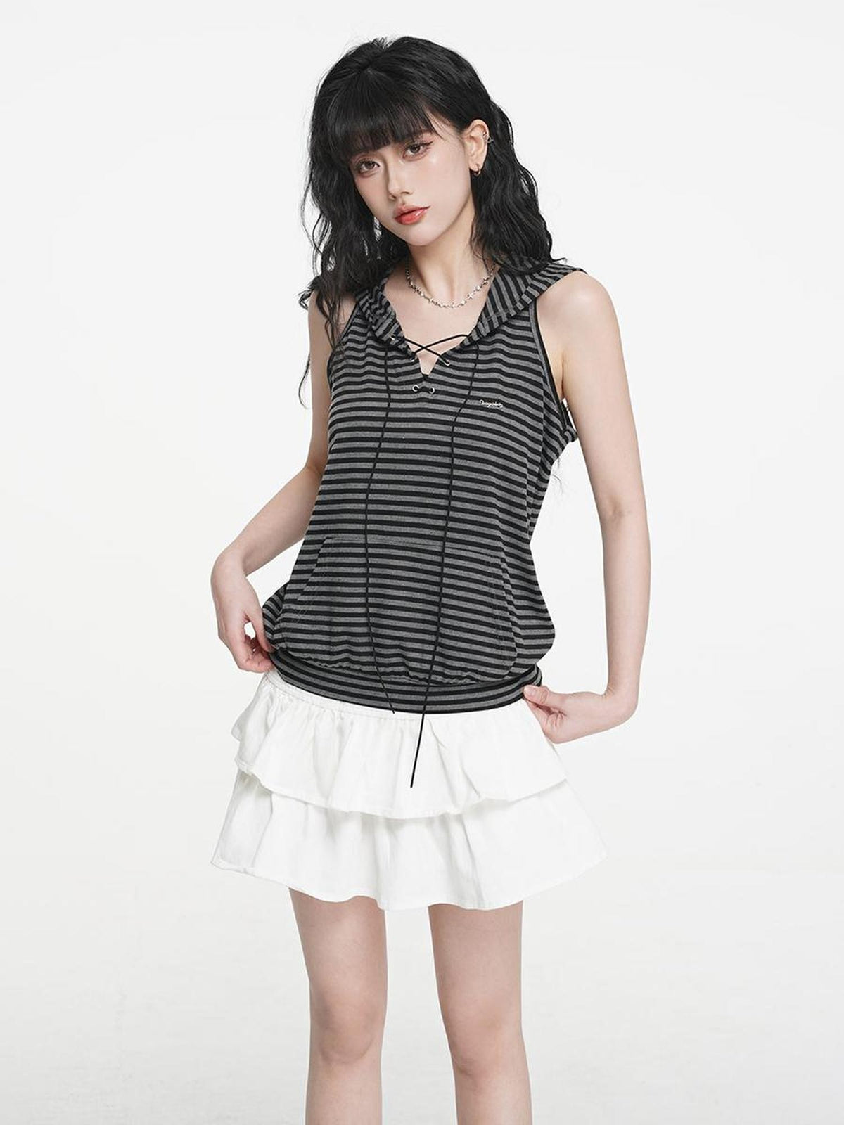 VEEMIX Striped Hooded Drawstring Loose Women's Rayon Tank Tops