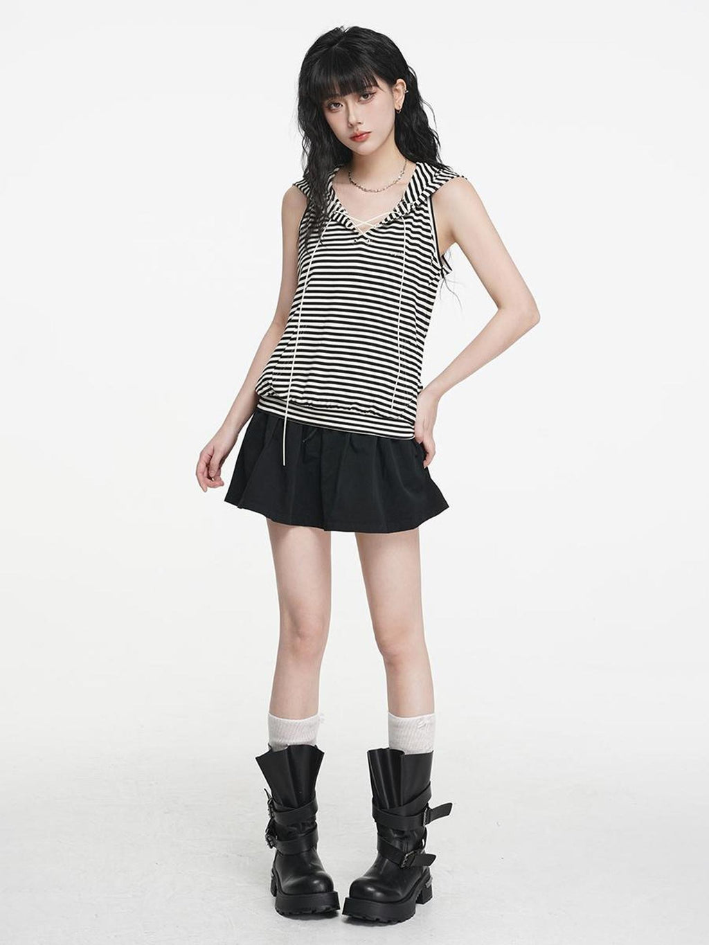 VEEMIX Striped Hooded Drawstring Loose Women's Rayon Tank Tops