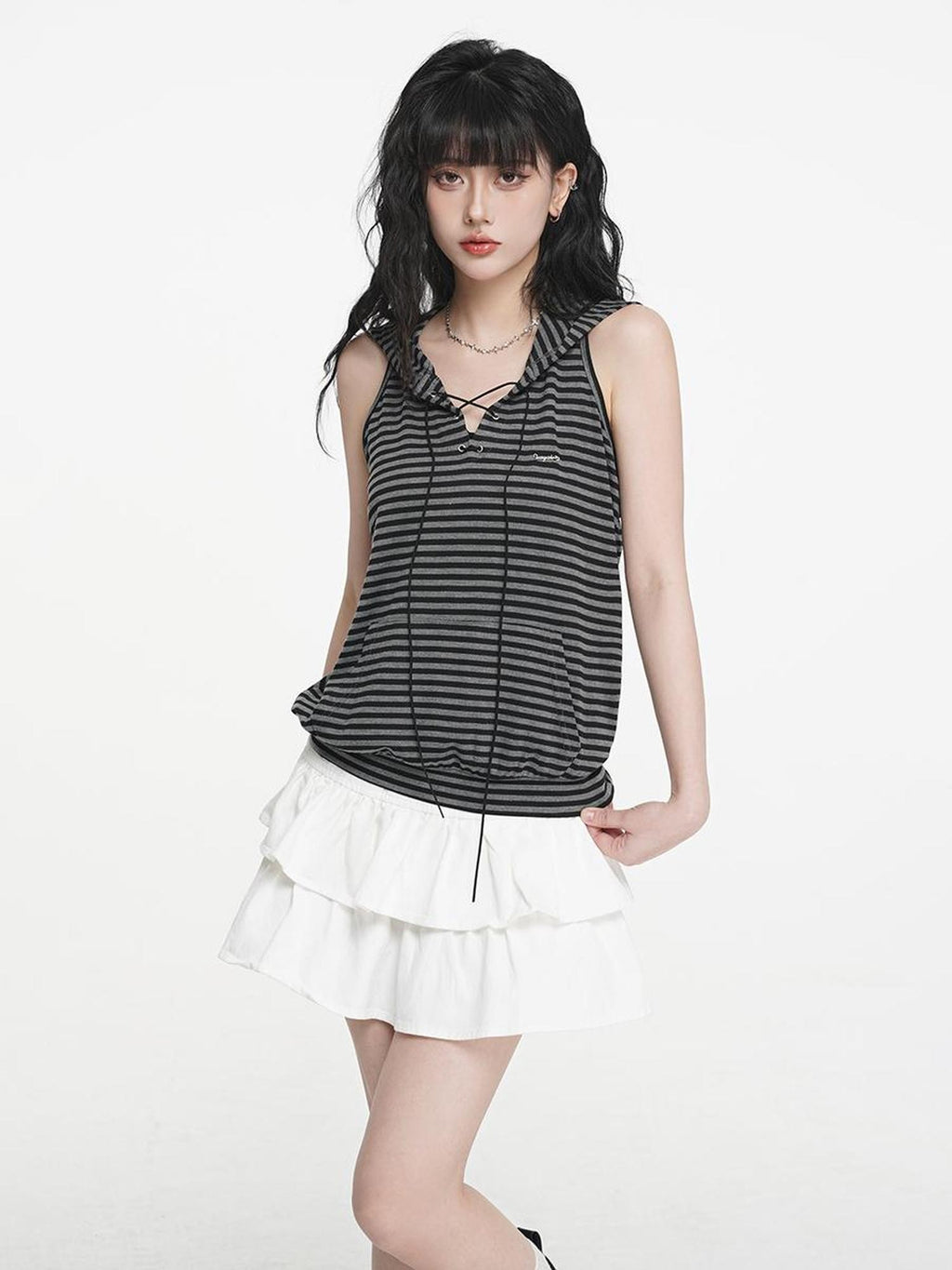 VEEMIX Striped Hooded Drawstring Loose Women's Rayon Tank Tops