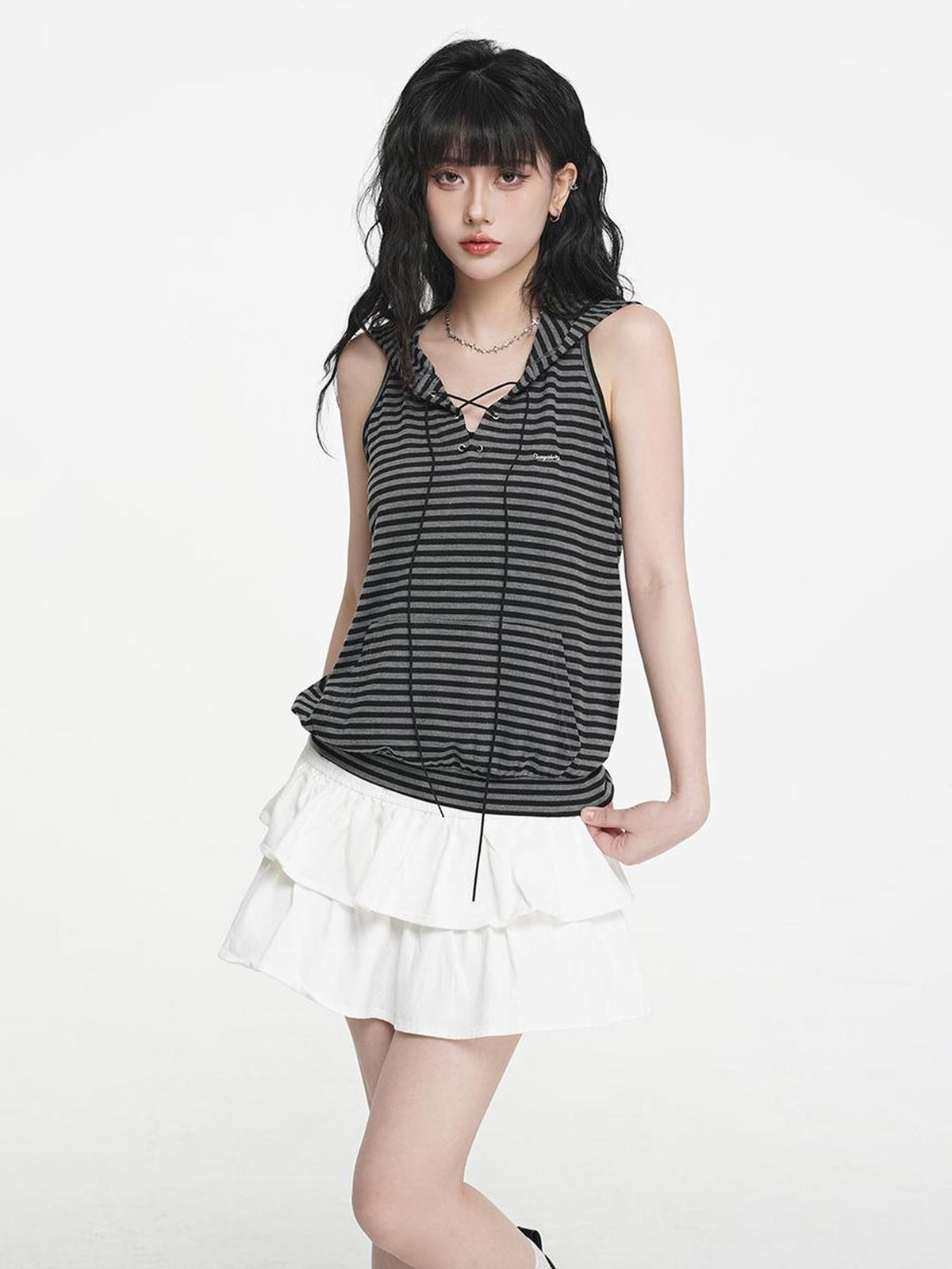 VEEMIX Striped Hooded Drawstring Loose Women's Rayon Tank Tops