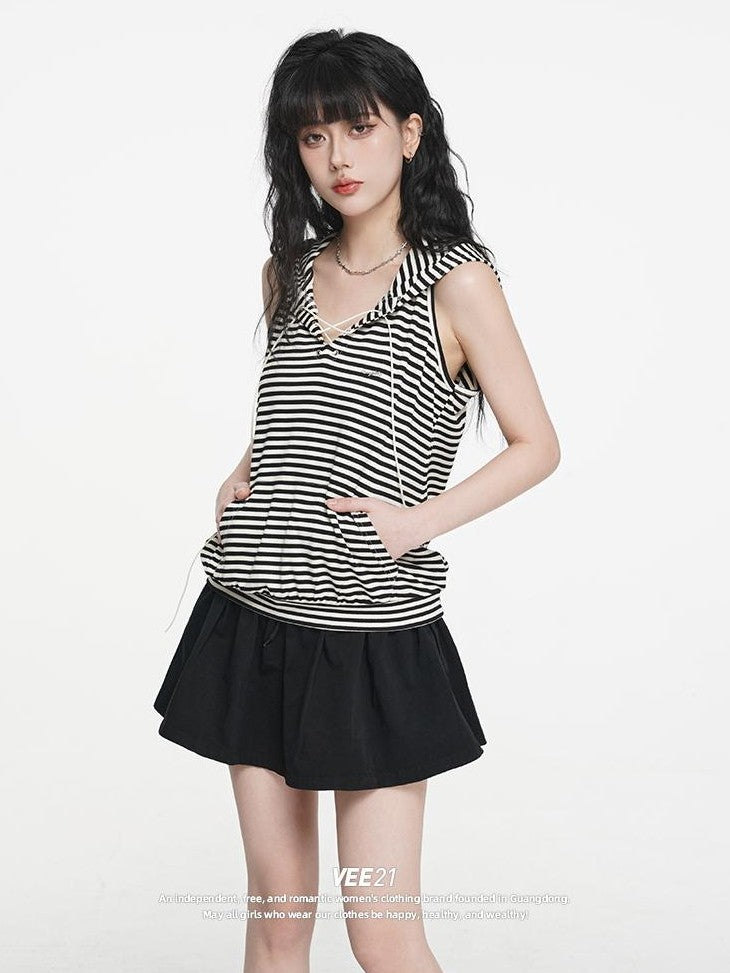 VEEMIX Striped Hooded Drawstring Loose Women's Rayon Tank Tops