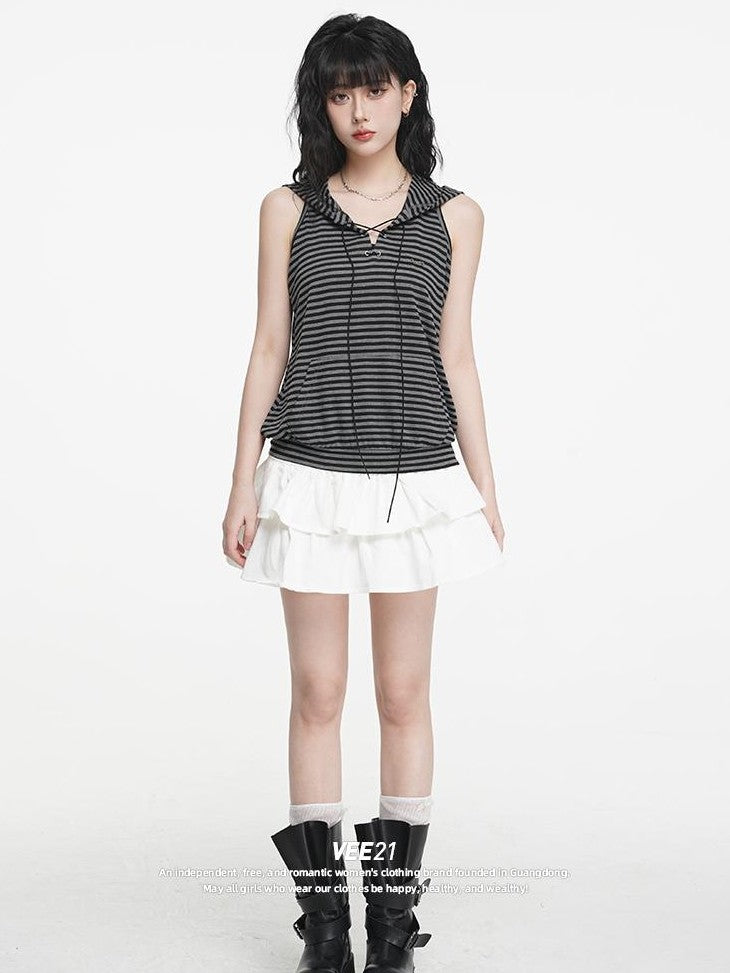 VEEMIX Striped Hooded Drawstring Loose Women's Rayon Tank Tops
