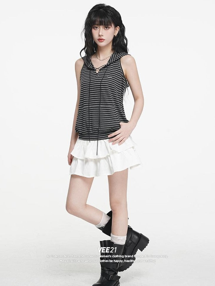 VEEMIX Striped Hooded Drawstring Loose Women's Rayon Tank Tops